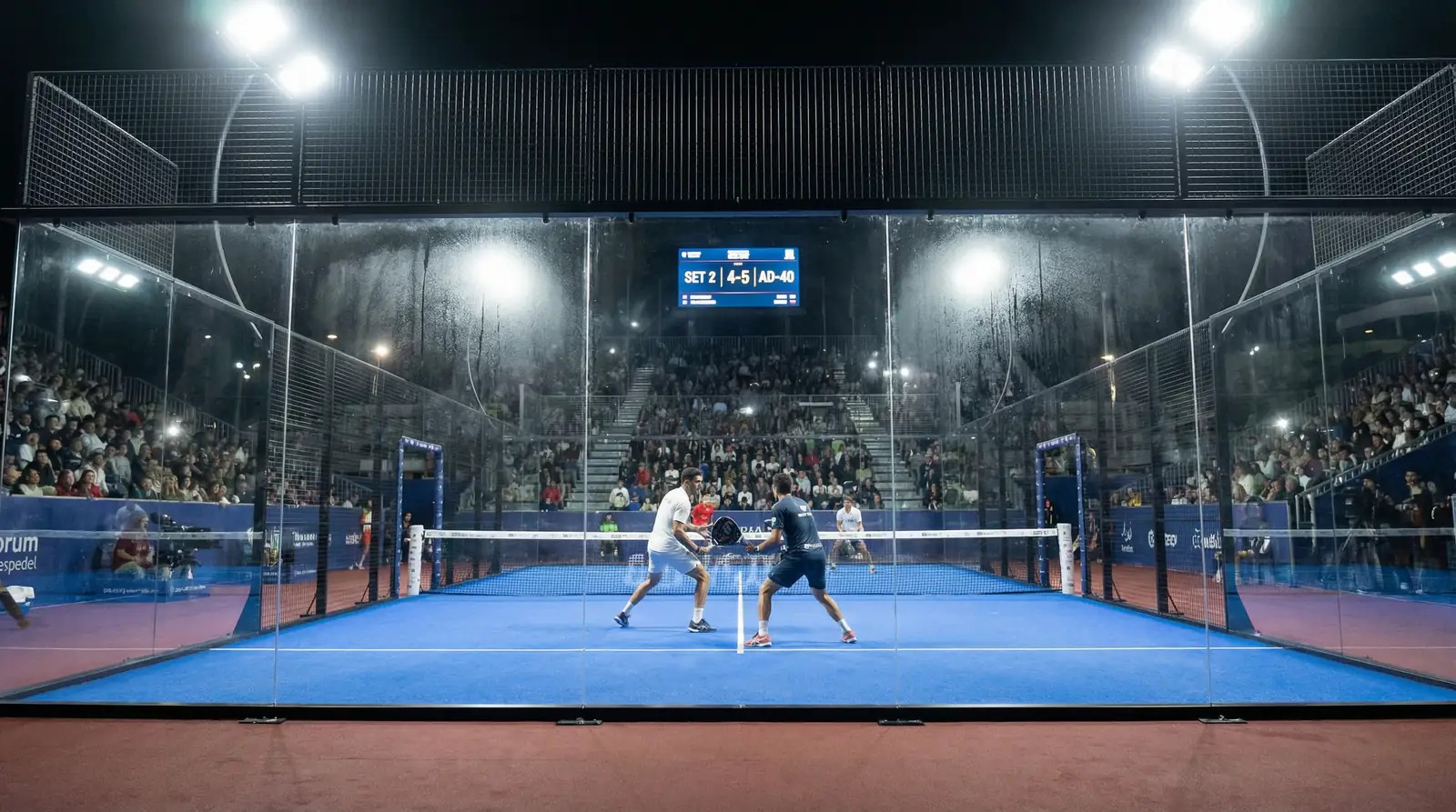 Partido de pádel en directo con marcador electrónico en una pista de cristal