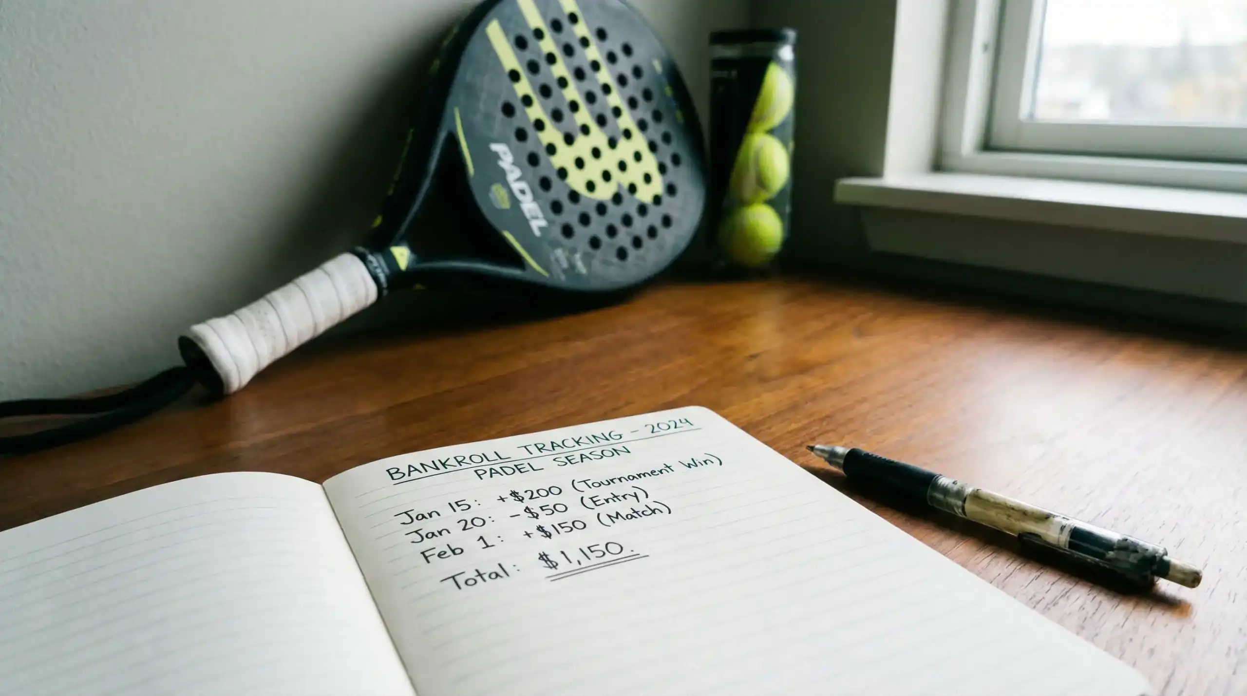Cuaderno con anotaciones de gestión de bankroll junto a una pista de pádel