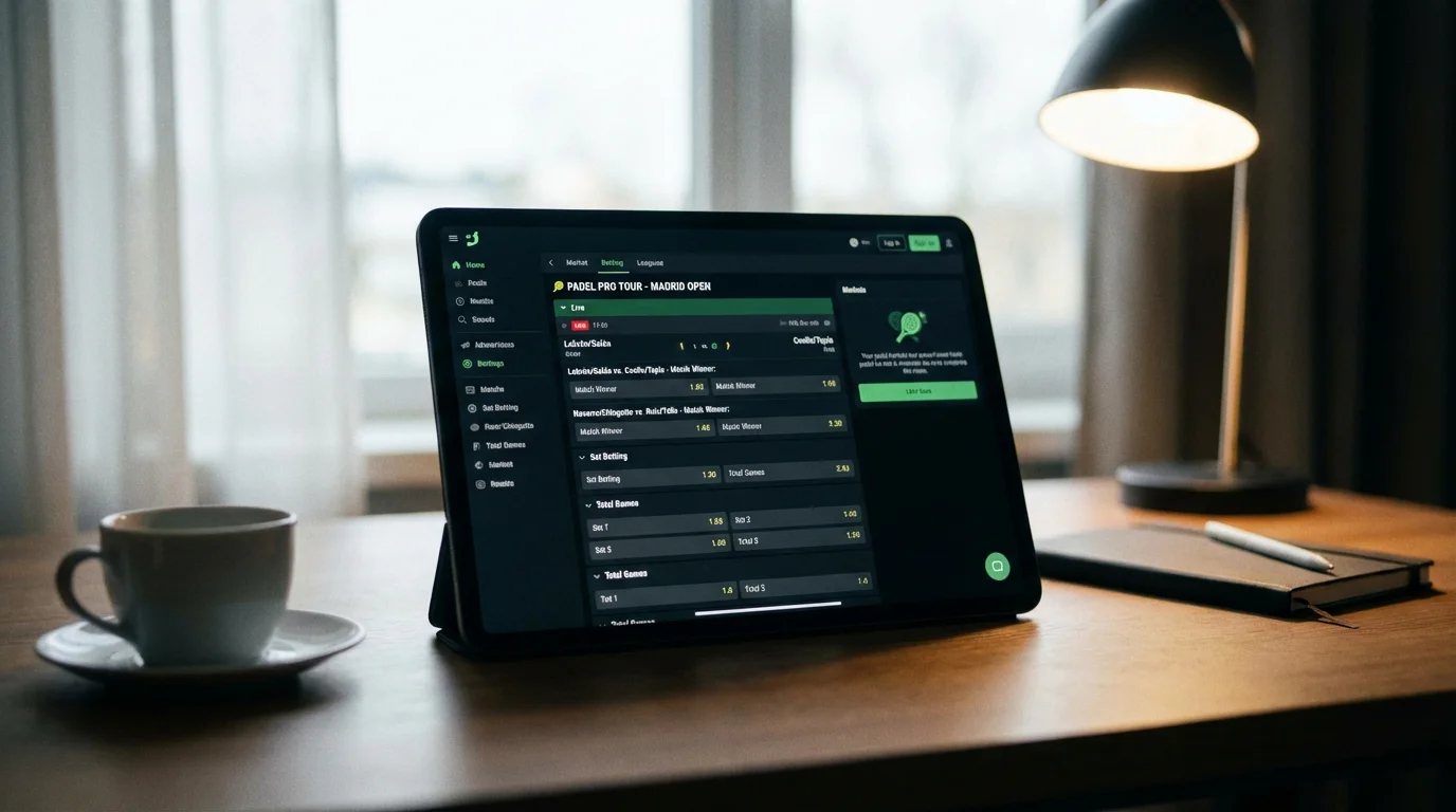 Pantalla de dispositivo mostrando mercados de apuestas de pádel en un operador