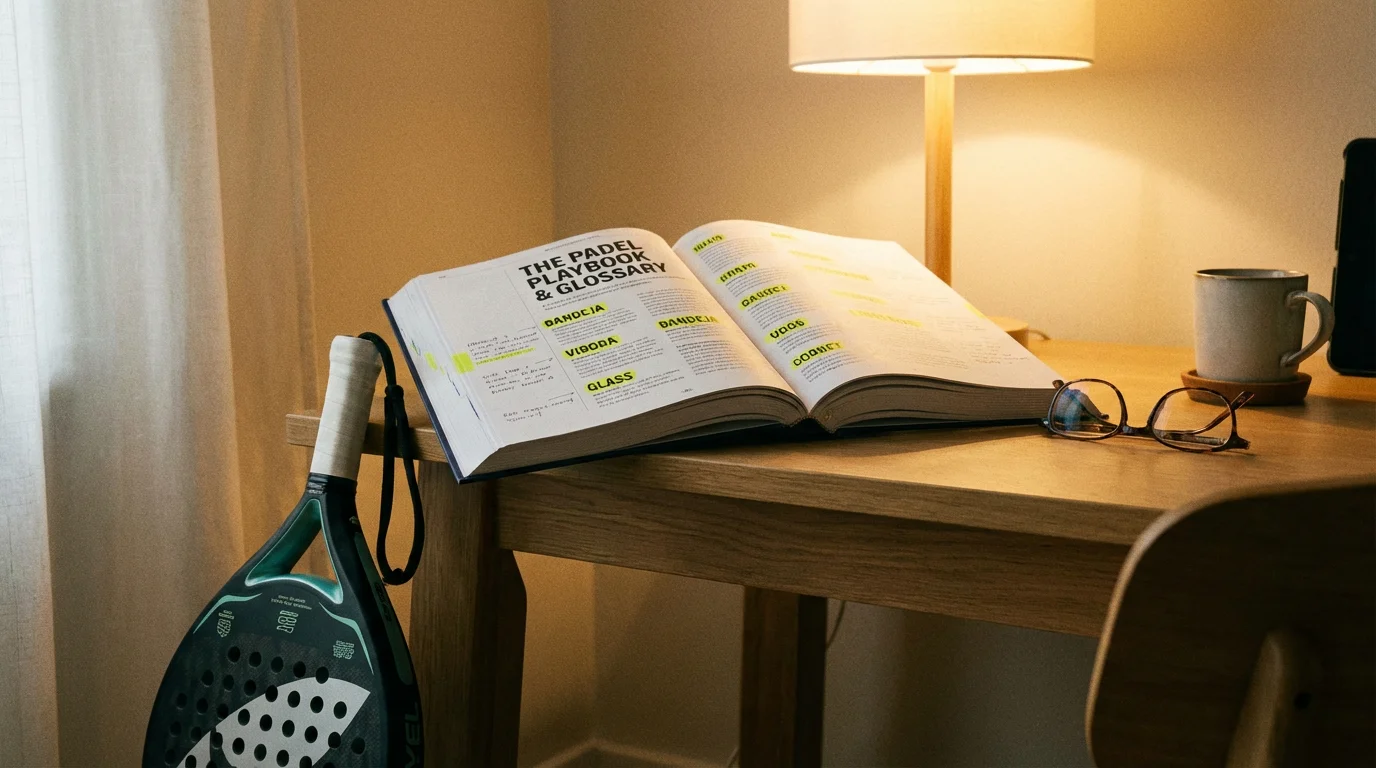 Libro abierto con términos de apuestas deportivas y una pala de pádel al lado