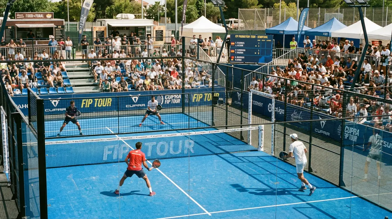 Partido de pádel en un torneo del circuito FIP Tour en una pista profesional