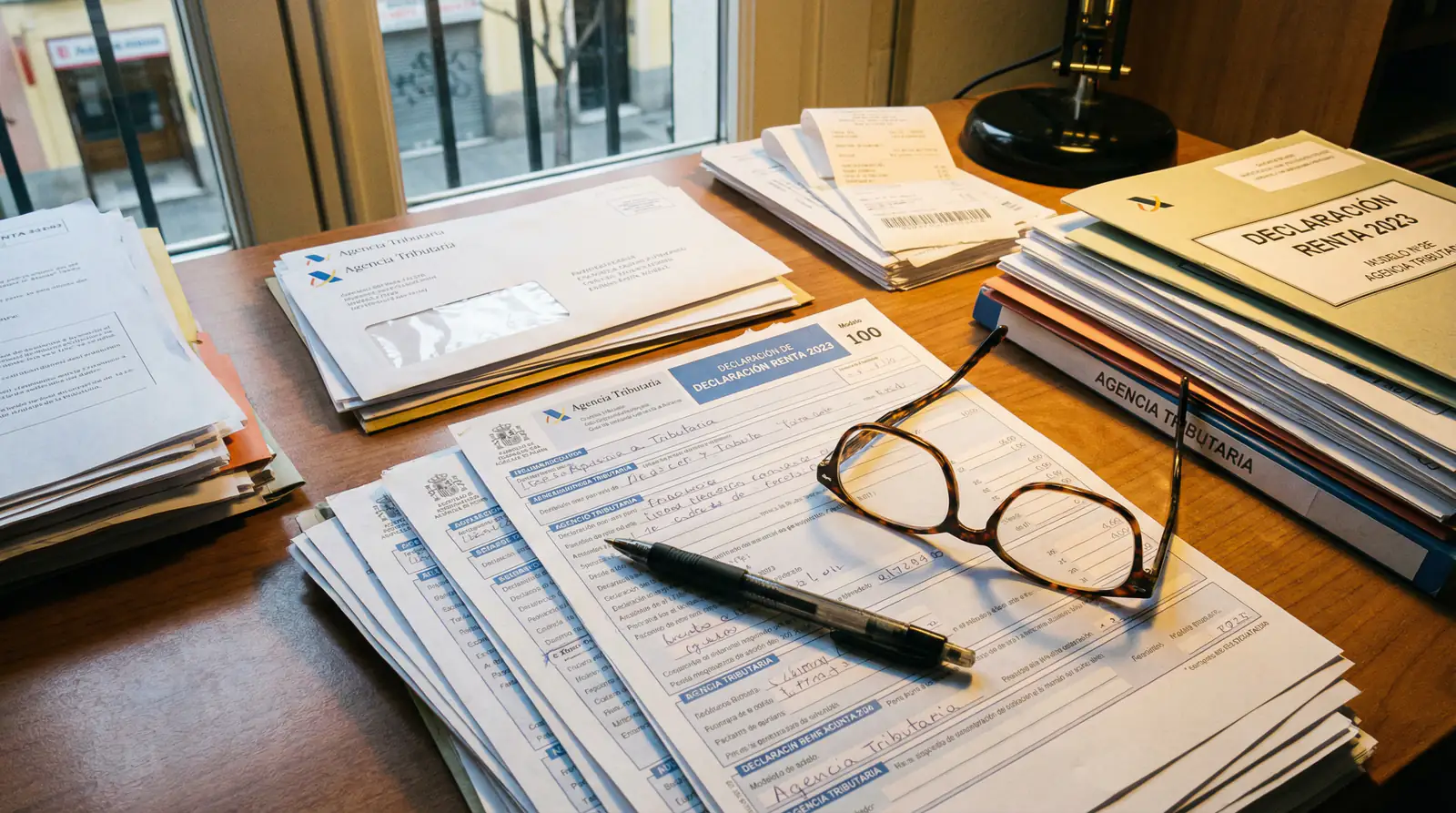 Formulario de declaración de la renta junto a documentos de ganancias en apuestas