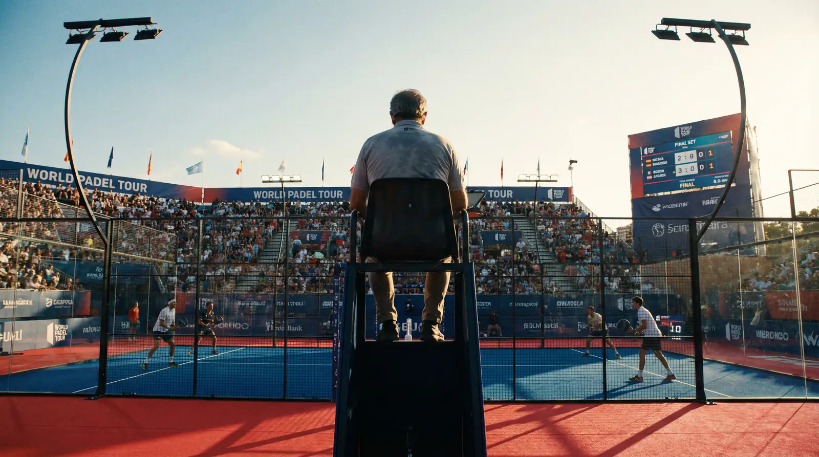 Árbitro de pádel supervisando un partido profesional desde la silla de juez