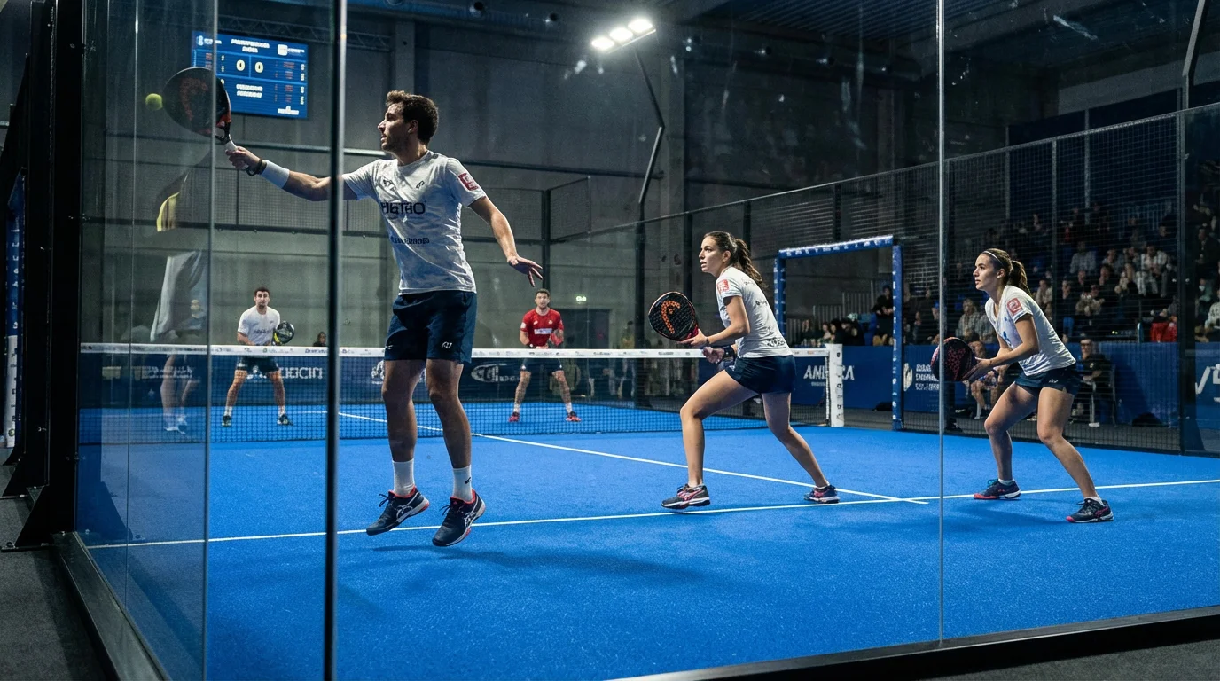 Partido de padel profesional en pista de cristal con cuatro jugadores durante un intercambio