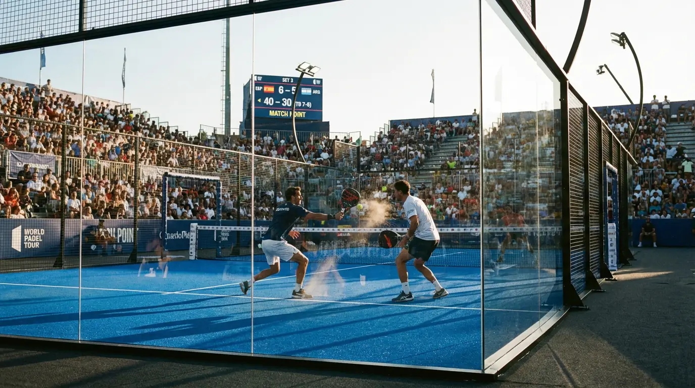 Pista de pádel profesional durante un partido largo con marcador visible