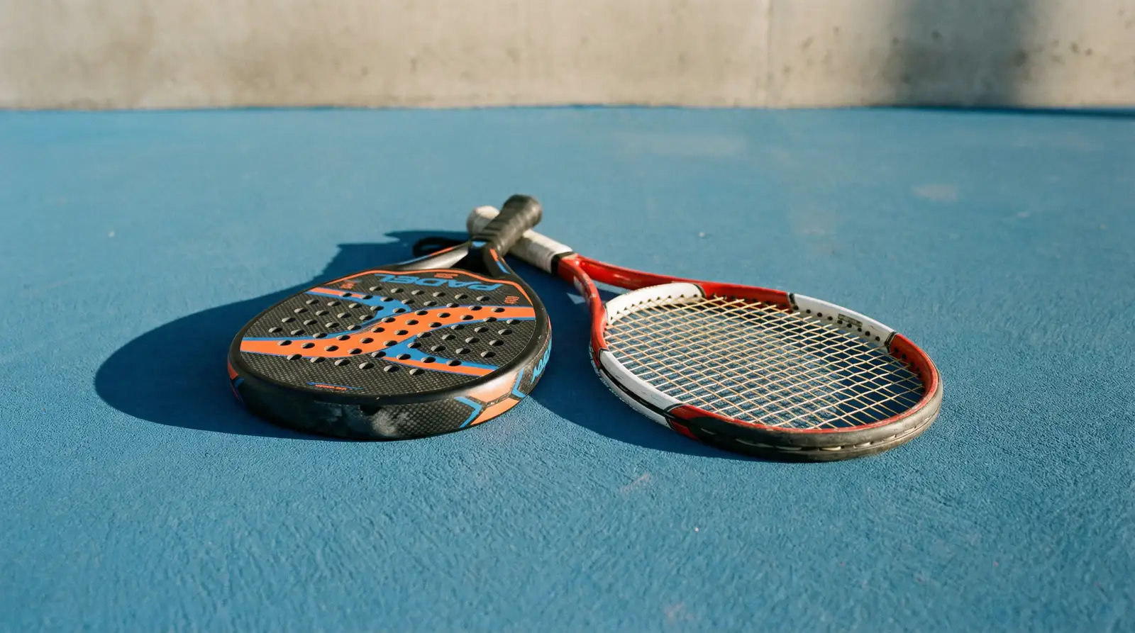Pala de pádel y raqueta de tenis lado a lado sobre una superficie deportiva