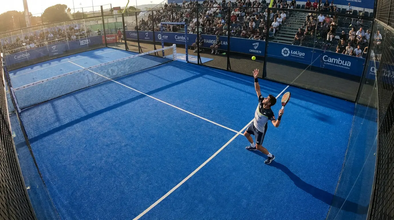 Jugador de pádel ejecutando un saque en una pista profesional con paredes de cristal