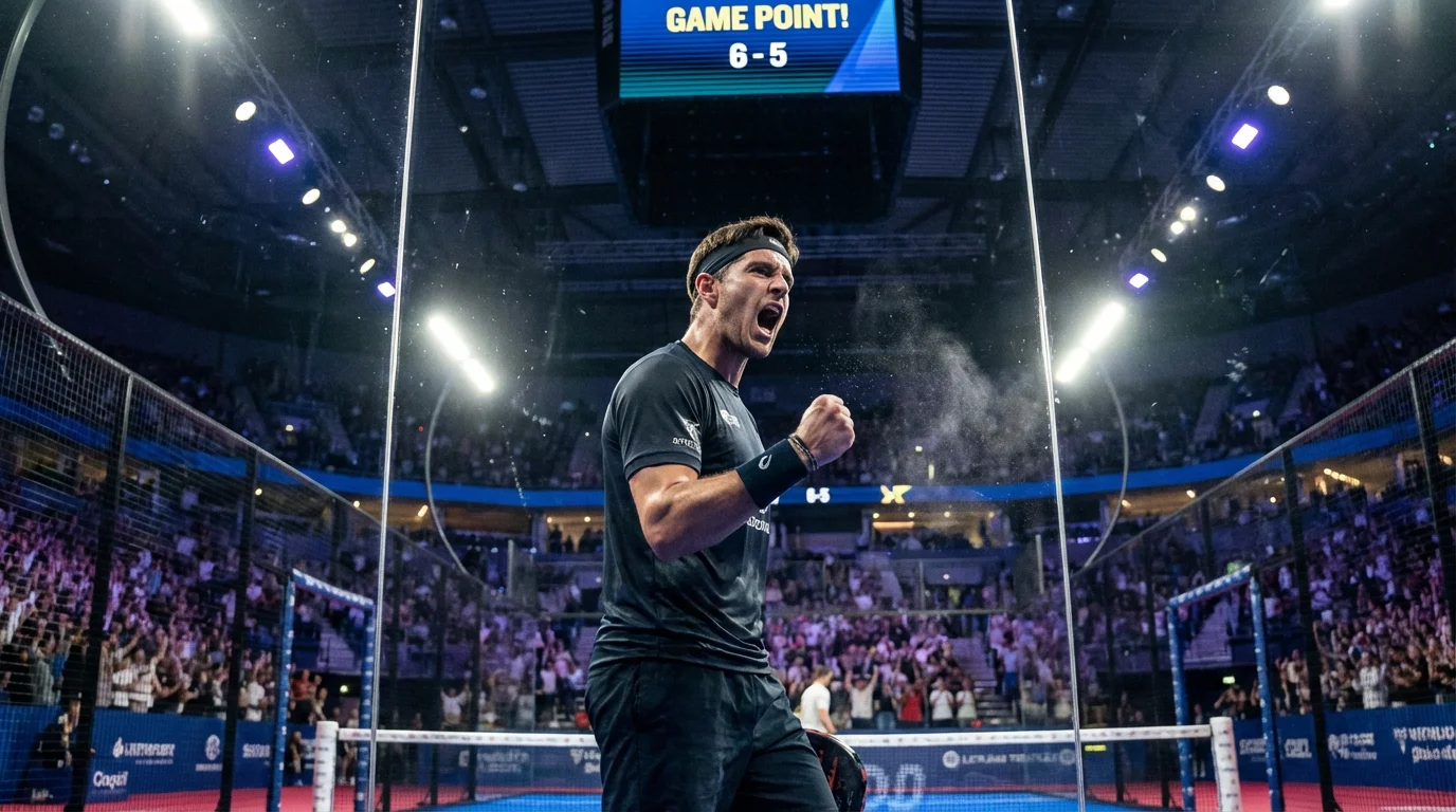 Jugador de pádel celebrando un punto decisivo en una pista profesional
